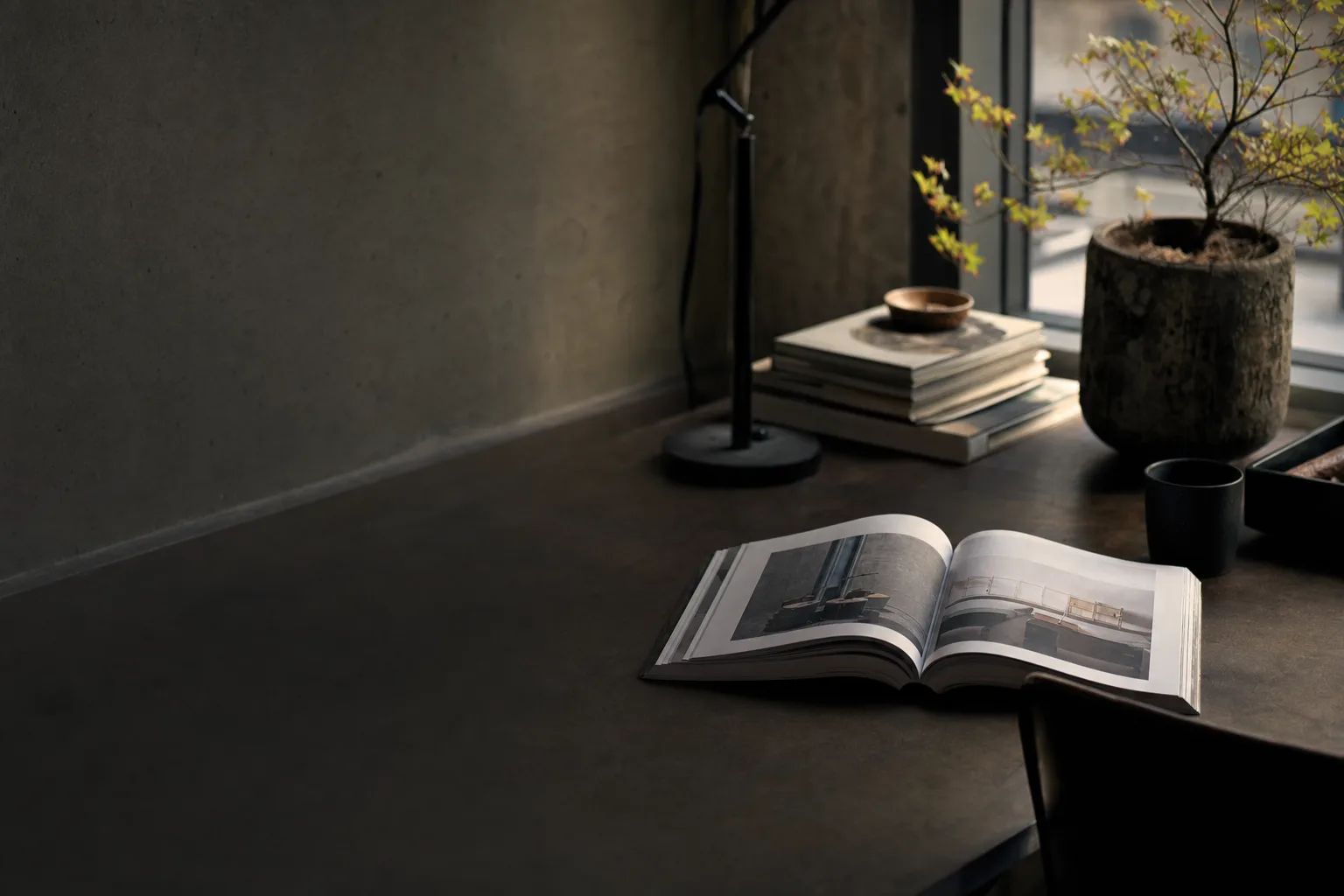 Reading desk with an open magazine